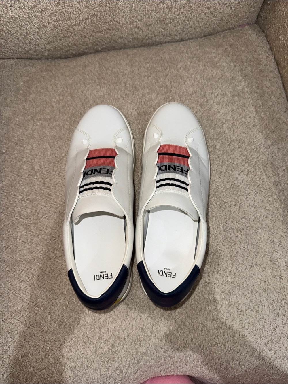Fendi White Leather Slip-On Sneakers with Pink and Black Stripe - Picture 4 of 7